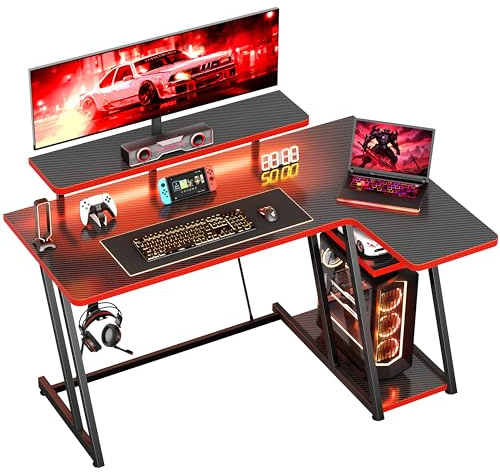 HOMIDEC 120cm L Shaped Gaming Desk, Computer Corner Desk with LED Lights | Smart App LED Lights, Carbon Fiber Surface, Ergonomic Monitor Stand, 2 Storage Shelves & Hook, Sturdy Z-legs, Black Red