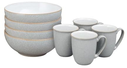 Denby - Elements Coffee Mug & Cereal Bowl 8 Piece Set - Light Grey Dishwasher & Microwave Safe Stoneware - 4 x 330ml Tea Cups & Cereal Bowls for Soup - Ceramic, Chip Resistant for Everyday Use