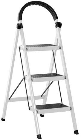 Trittleiter, 3 Stufen Klappbare und Faltbare Haushaltsleiter aus Stahl, 150 kg Tragkraft, Leichtgewicht & Rutschsicher, Für Küche, Wohnzimmer, Kleine Leiter mit Extra Breiten Stufen (Weiß)