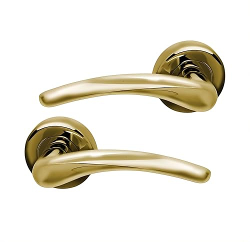 UAP Dune Internal Door Handles On Round Rose, Polished Brass Lever Handles for Interior Wooden Doors, Keyless Pair