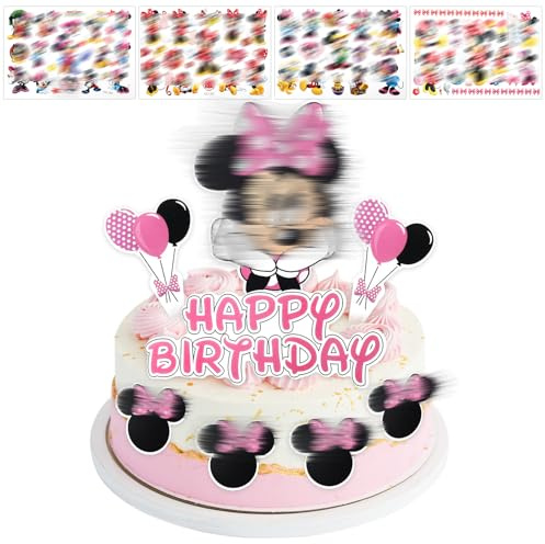 8Stück Rosa Mouse Tortendeko mit Temporäre Tattoos, Cartoon Kuchen Dekorationen Mädchen, Tortendeko Geburtstag, Geburtstag Dekorationen Party Supplies für Kinder