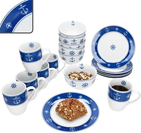 MamboCat AHOI 18tlg Frühstücksset aus Porzellan I blau-weißes maritimes Design mit Anker & Steuerrad I je 6X Kuchenteller, Müslischale & Kaffeebecher für 6 Personen