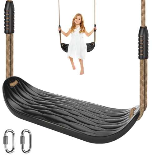 BeneLabel Swing Seat Kid Swings Hard Plastic Tree Swinging Board/Black | Baby Teen Adult,130-200cm Adjustable Rope,250lbs,Indoor Outdoor Garden Backyard Child Room,Carabiner,Non-slip