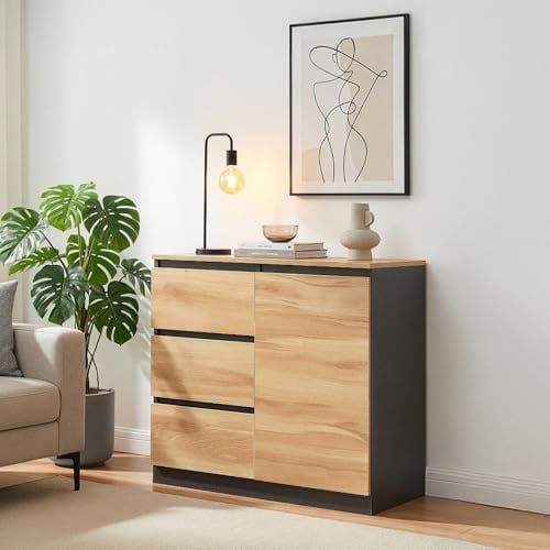 [en.casa] Sideboard Kyr Kommode 80 x 40 x 75 cm Wohnzimmerschrank 1 Tür 3 Schubladen Aufbewahrungsschrank für Wohnzimmer Flur Esszimmer Schlafzimmer Schwarz/Eicheoptik rustikal