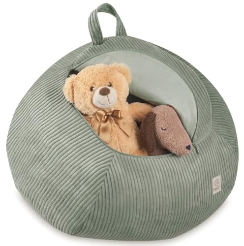 MISIOO Kinder Sitzsack Bezug für Kuscheltiere – Spielzeug Aufbewahrung & Bean Bag in einem – Cord Stoff, Waschbar, mit Reißverschluss – Kuscheltier Organizer für Kinderzimmer - Grün