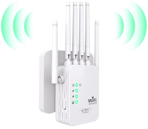 Repetidor WiFi 1200Mbps con 6 Antenas, Amplificador de Señal Doble Banda 5GHz/2.4GHz, 3 Modos (Repetidor/Router/Ap), Compatible con Múltiples Dispositivos, Fácil Instalación