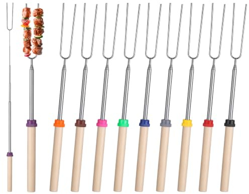 10 Marshmallow Toasting Forks, Marshmallow Sticks for Fire Pit, 31-81cm | Extendable Stainless Steel Roasting Sticks with Wood Handle for Marshmallows, Hot Dogs, for Picnic, BBQ, Camping and Bonfire