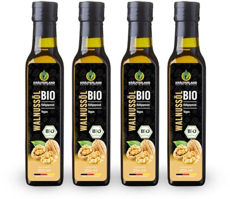 Kräuterland Bio Walnussöl 4x250ml (1Liter), Walnusskernöl, nativ, kaltgepresst, glasflasche - Speiseöl zum Kochen, Backen & Salate - Nussöl in Premium Qualität