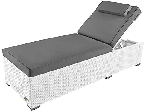 RS Trade Sonnenliege Verona High Weiss - Outdoor Liege mit beständigem Poly-Rattan-Geflecht - verstellbare Rückenlehne – extra hoch & breite Liegefläche - inkl. Kopfteil und 12 cm Auflage