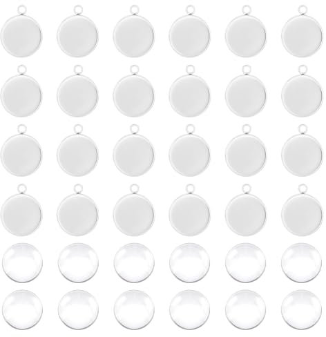 UNICRAFTALE 30pcs 20mm Leere Lünette Anhänger 3mm Loch Edelstahl Anhänger Cabochon Flache runde Leere Anhänger Tabletts Mit Glas Cabochons für DIY Ohrring Halskette Schmuckherstellung, 27x22x2mm