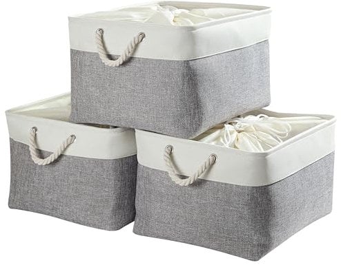 Mangata Extra Large Storage Box set of 3, Canvas Fabric Storage Baskets with Handles for Cupboards, Wardrobe, Shelves, Bathroom, Clothes, Toys, Towel (Foldable, Grey White)