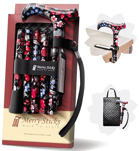 Merry Sticks Faltbarer Verstellbarer Designer Gehstock, Faltstock, Beeren, Enthält eine praktische Stocktasche und EIN Intelligenter Reflektierender Stockhalter