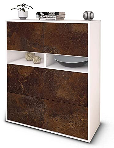 Stil.Zeit Highboard Jasmin, Korpus Weiss matt, Front Industrie-Design Rost (92x108x35cm), Push-to-Open Technik & Leichtlaufschienen