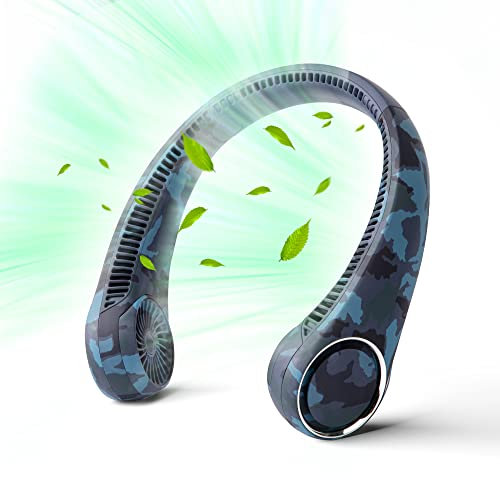 PENKOU Portable Blue Neck Fan, 3-Speed Bladeless, 4000mAh USB Rechargeable, 72 Air Outlets, Less than 20dB Noise, Blue Camouflage