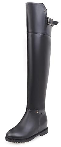 REKALFO Stivali invernali da donna con punta tonda con cerniera in morbida pelle Stivali sopra il ginocchio con altezza invisibile Nero 35 EU