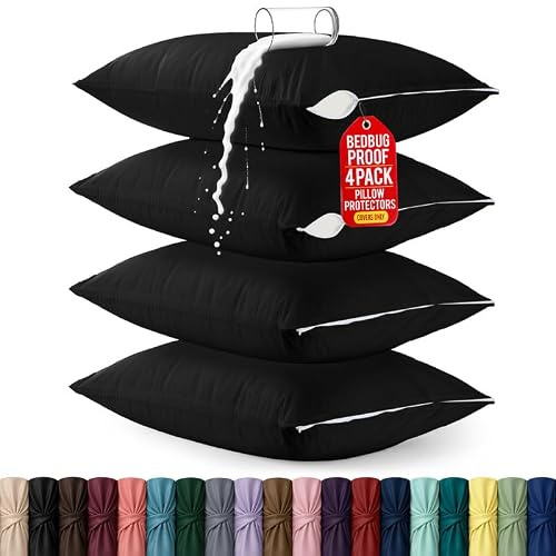 Set of 4 Pillow Protectors with Zipper King Size, Pillow Covers | Ultra Soft Pillow Encasements, Bed Bug & Dust Mite Proof, Moisture Wicking & Waterproof Pillow Cases by Utopia Bedding, Black
