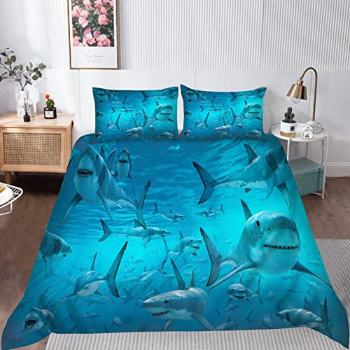 YUANZU Shark Bettwäsche-Set Doppelbett für Kinder, Jungen, Teenager, Bettbezug-Set, 3-teilig, Ozean, weißer Hai, weiche Mikrofaser, Bettbezug mit Reißverschluss (200x200 cm & 2 Kissenbezüge)