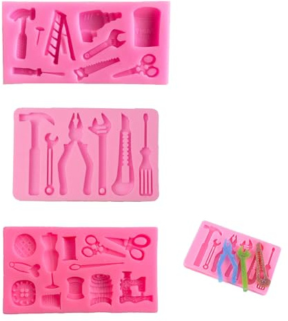 CTForest Silikonformen Fondant 3 Teiliges Set, 3D Harte Werkzeuge Silikon, Schraubenschlüssel Kuchenform, Geeignet für die Herstellung von Kuchen(Rosa)