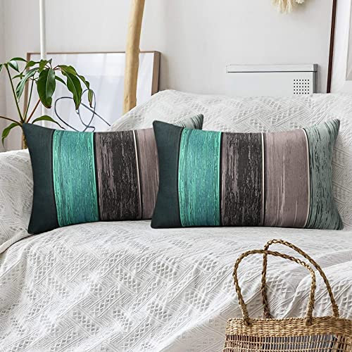 Hanrunsi Kissenbezüge Leinen Kissenhülle 30 x 50 Türkis Grün Modern Dekorative Zierkissenbezug Couchkissen Holzstreifen Retro Kissen mit Verstecktem Reißverschluss für Autobett Wohnzimmer 2er Set