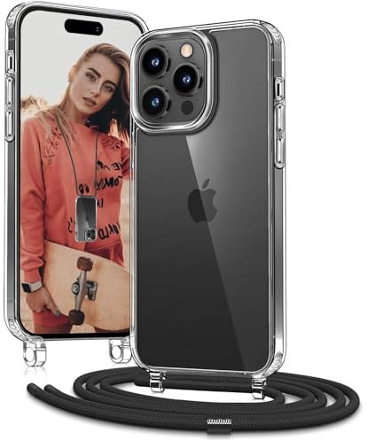 OLEPHY Handykette für iPhone 15 Pro Max Hülle mit Band - Necklace Handyhülle mit Schnur - Transparente Case zum Umhängen mit Verstellbarem und Demontage Umhängeband - Schwarz
