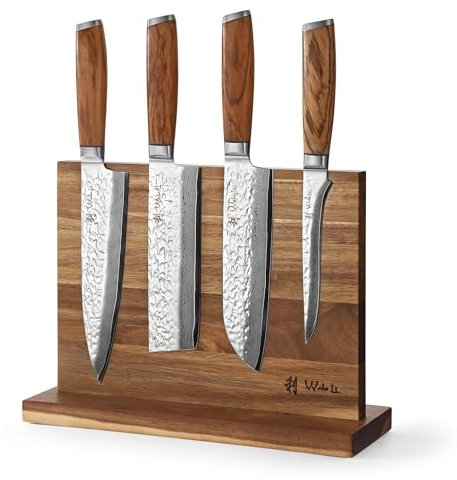 Wakoli Chef's Choice I 5-teiliges Damast Küchemesser-Set mit magnetischem Messerblock & 4 Damastmessern I Klingen von 15-20 cm gefertigt aus Damaststahl mit Griffen aus Zebraholz I Damastmesser-Set