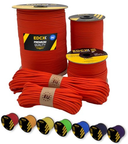EdcX Paracord 4 mm, 35+ Volltonfarben (10 m, 15 m, 30 m, 50 m, 100 m, 300 m) | Ideal zum Basteln, Camping, Outdoor | 100% Nylonseil 4 mm| Taktische Schnur 550 Typ III (Light Red, 10 m)