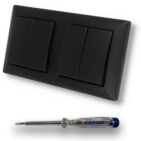 EBROM SET IDEE: BUSCH JÄGER 2 x Serienschalter 2000/5 US mit BBblack Wippe (geteilt) und BBblack Rahmen - Schwarz MATT ähnlich RAL 9005 - inkl. EBROM Phasenprüfer zur Montage