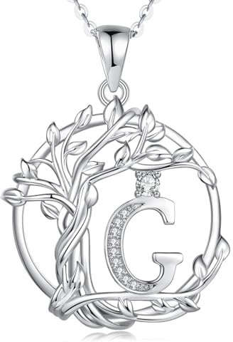 FANCIME Lebensbaum Buchstaben Kette Damen, 925 Sterling Silber G Alphabet Initialen Anhänger Halskette Schmuck Geschenke für Damen Frauen Mädchen, Kettenlänge: 40+5 cm