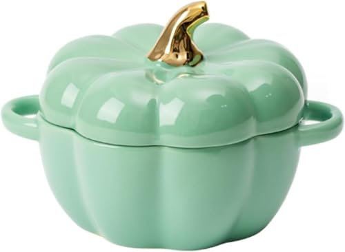 Cute Pumpkin Bowl Set, Pumpkin Ceramic Bowl with Lid and Handle, Covered Dutch Oven Ceramic Stockpot, Decor Dinnerware for Halloween Thanksgiving Pumpkin Party (Green)