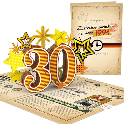 papercrush® Pop-Up Karte „Zurück ins Jahr 1994“ - Lustige 3D Geburtstagskarte zum 30. Geburtstag für Frau & Mann - Besondere Glückwunschkarte 30 Jahre mit lustigen Fakten zum Jahrgang
