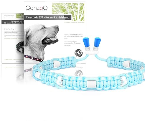 Ganzoo EM Keramik Hunde-Halsband/Paracord 550 Halsband mit Zier-Perlen und EM Tubes/EM Pipes/Größe S 33-42 cm/Dog Collar/verstellbar mit Kordelstopper/Farbe Himmelsblau Pfote