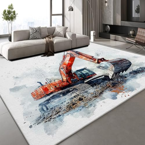 Generisch Kurzflor Teppich 3D Bagger Baufahrzeug Teppich Matten rutschfeste FußMatte Aquarellmalerei Kunst Muster Kinder Spielteppiche FüR Schlafzimmer Flur Wohnzimmer Boden 50x80 cm