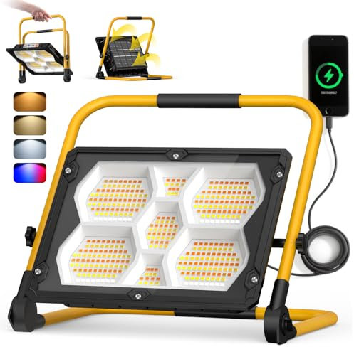 papasbox 150W LED Baustrahler Akku Strahler Solar Tragbare 5000mAh Aufladbar Arbeitsleuchte mit USB 4 Lichtmodi 2 Helligkeitsstufen | Camping Lampe IP65 Wasserdicht im Freien für Baustelle Outdoor