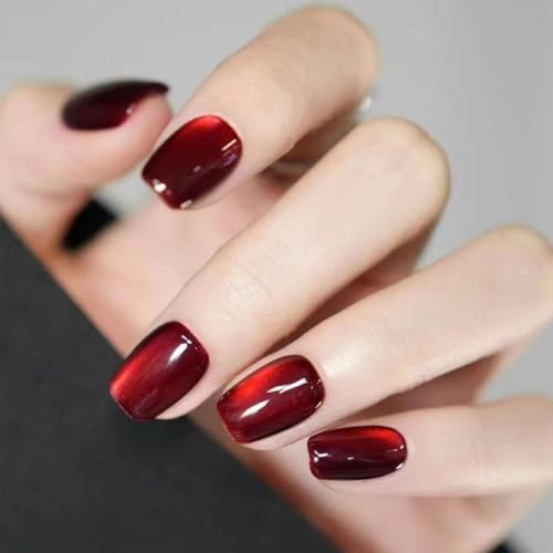 Zimocepuz Faux Ongles Carré Court, Rouge Cerise Oeil de Chat