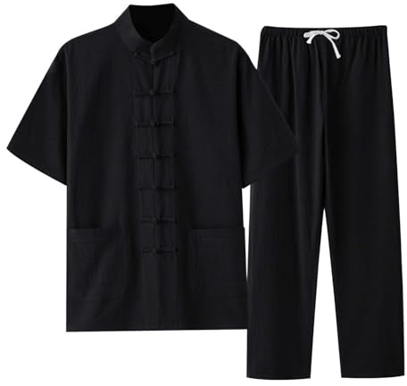 POIUIYQA Traje de lino para hombre chándal de verano estilo chino Tai Chi Qigong Tang traje de manga corta camisa y pantalones de dos piezas elegante casual traje de chándal de un solo color