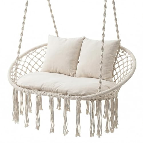 FANTASK Hängesessel für 2 Personen, Hängeschaukel Boho mit Kissen und Fransen, Gartenschaukel Indoor & Outdoor, Hängestuhl bis 250 kg, Hängekorb für Garten, Balkon & Terrasse, Beige
