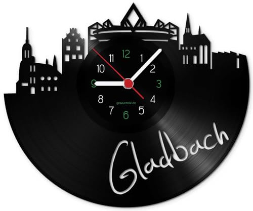 GRAVURZEILE Schallplattenuhr - Skyline Gladbach - Wanduhr aus gegossenem Vinyl mit Stadt Skyline 30 cm - Upcycling Design-Uhr Wand-Deko Vintage Wand-Dekoration Retro-Uhr - Made in Germany