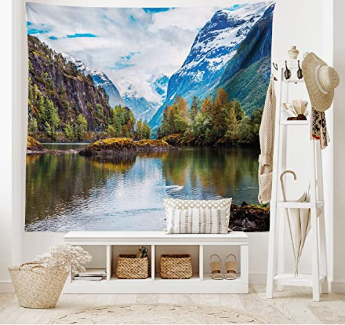 ABAKUHAUS Natur Wandteppich, Snowy-Norwegen-Berge, Wohnzimmer Schlafzimmer Heim Seidiges Satin Wandteppich, 200 x 150 cm, Blau Braun