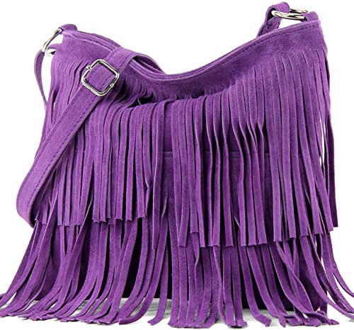 modamoda de T125 Damen Leder Wildleder Schultertasche Umhängetasche handmade in Italy, Farbe:Violett