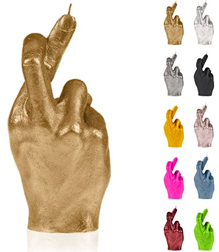 Candellana Kerze Gekreuzte Finger | Höhe: 19,4 cm | Klassisches Gold | Brennzeit 30h | Kerzengröße gleicht 1:1 Einer realen Hand | Handgefertigt in der EU, 194x90x90