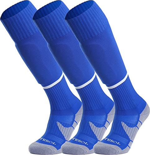 APTESOL Knielang Fußballsocken Kinder Jugend Erwachsene Lang Sportsocken Kissen Atmungsaktiv Soccer Trainingssocke (3-Paar Blau-B, Größe L)