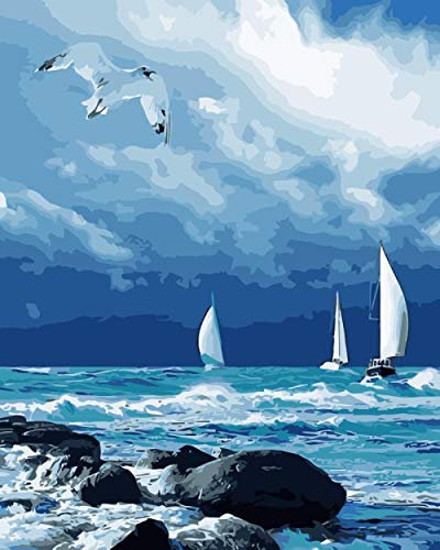 Kits Peinture Par Numéro Diy Bateau À Voile Ciel Bleu Oiseau De Mer Peinture À L'Huile Diy Avec Brosses Et Peintures Acryliques Pour Adultes Et Enfants 40 * 50Cm