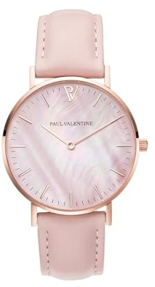 PAUL VALENTINE Damenuhr - Rose Gold Pink Seashell Leather 36mm - Edle Damen Uhr mit Perlmutt Ziffernblatt spritzwassergeschützt, Armbanduhr für Damen
