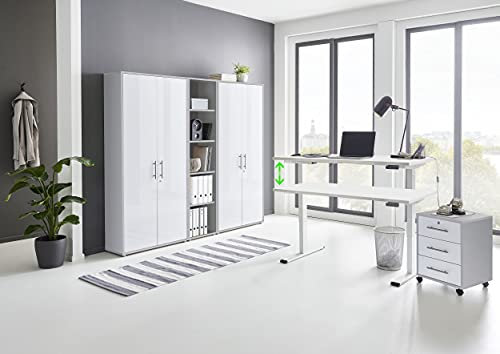 Büromöbel komplett Set mit elektrisch höhenverstellbaren Schreibtisch in Weiß Arbeitszimmer e-Dition in Lichtgrau/Weiß Matt/Gestell Weiß (Set 10)