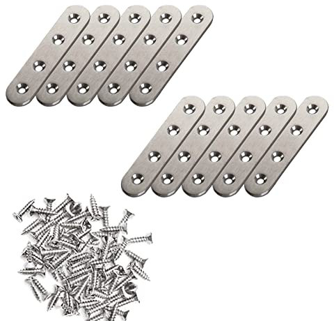 WENRENMK 10 Stück Holzverbinder Flachverbinder, 76 x 16 x 2 mm Verbindungsplatte Edelstahl, Verbinder Metall, mit 40 Schrauben, für Anschluss, Möbelreparatur
