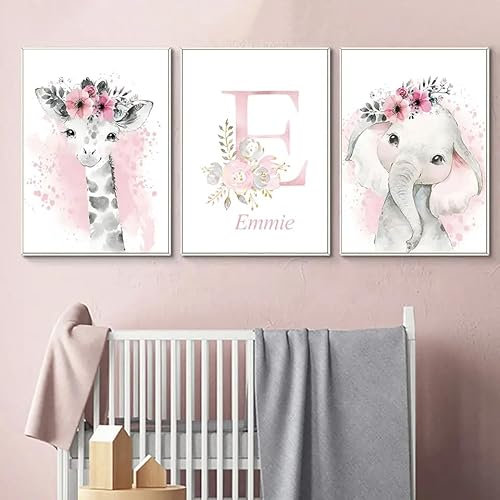 wurenhui 3 Affiche Prenom Bebe Fille Rose Fleur Cygne Poster Personnalisé Enfant Cadeau Toile Decoration Murale Chambre Tableau 30x40 sans Cadre