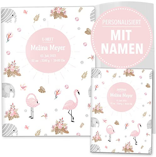 OLGS U-Heft und Impfpasshüllen 3-teiliges Set Awesome World | Untersuchungsheft & Impfpass Hüllen mit Namen und Geburtsdatum - Uhefthülle, Impfpasshülle personalisiert, Fantastic Flamingo