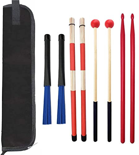 TUOREN Drum Stick Bag Drum Stick Storage Hanging Bag with 4 Pair Drum Sticks Set includes Jazz Nylon Brushes + Bamboo Rods Drum Brushes + 5A Nylon Drum Sticks + Holzschlägel Rot