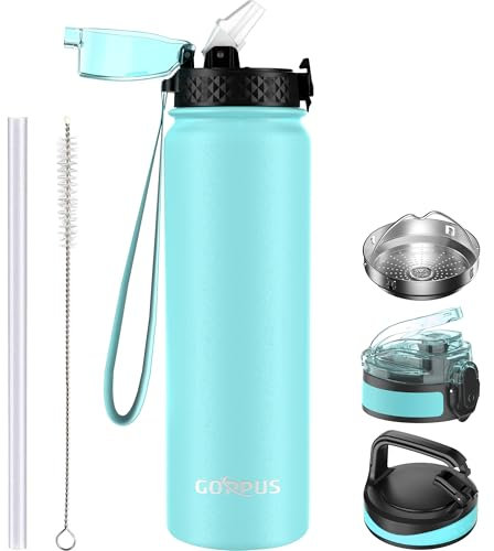 GOPPUS 1L/32oz Borraccia in Acciaio Inox con Cannuccia Borraccia per Acqua Termica Calda a Doppia Parete Borraccia Isolata Borraccia per Acqua Fredda a Prova di Perdite Adulto con 3 Coperchi
