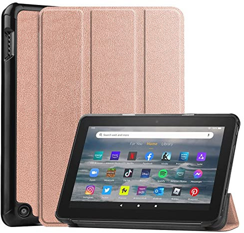 YBROY Funda para Amazon Fire HD 7 2022 Tablet, con Soporte Fnción y Auto Sueño/Estela, Ultra-Thin PU Leather Flip Case, Carcasa para Amazon Fire HD 7 2022.(Oro Rosado)